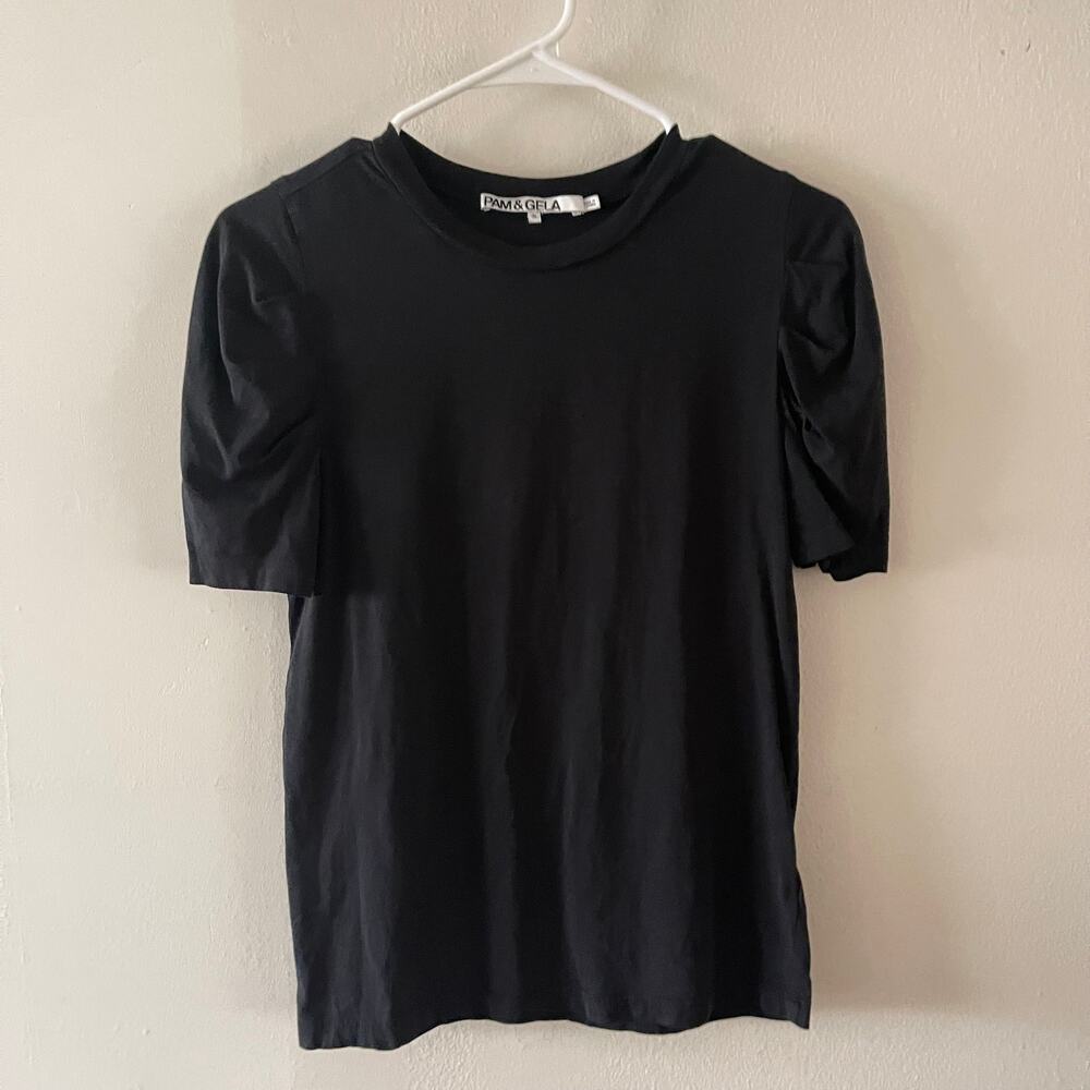 Pam & Gela Womens Small S Black Puff Sleeve Crew Neck Tee T-Shirt Knit Top